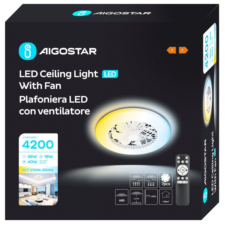 Aigostar - Світлодіодний стельовий вентилятор з регулюванням яскравості LED/40W/230V 2700-6500K діаметр 49 см + пульт дистанційного керування білий