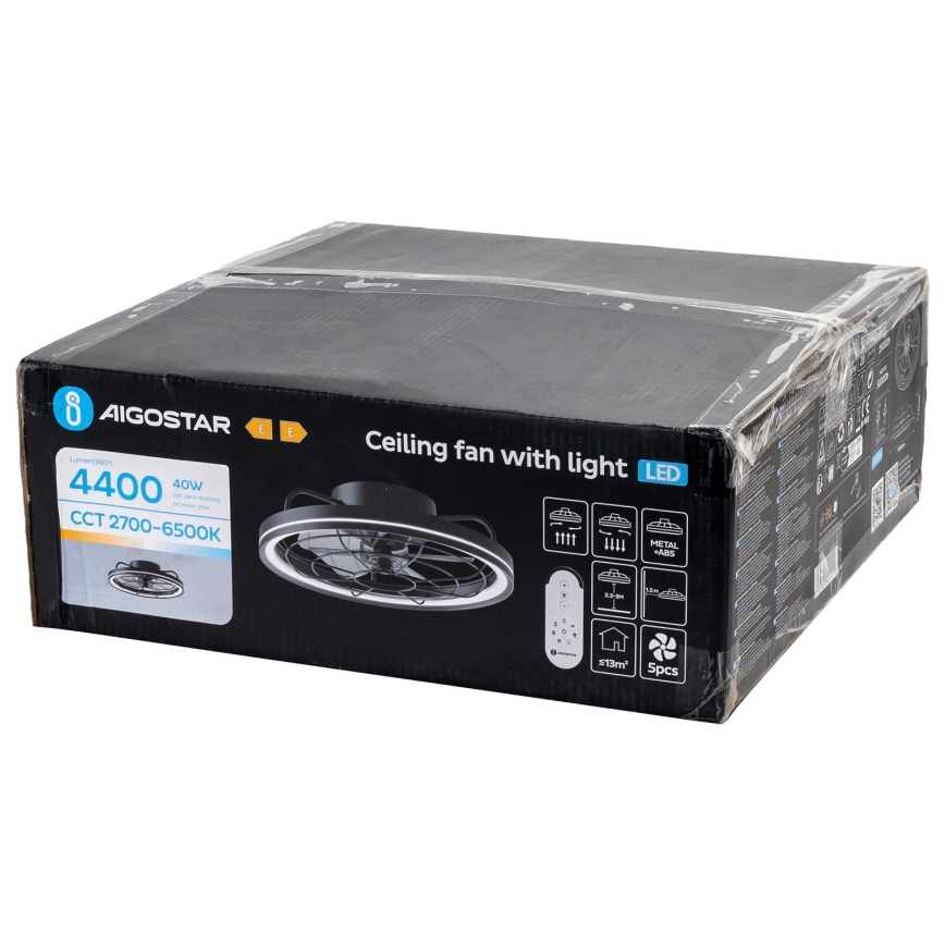 Aigostar - Світлодіодний стельовий вентилятор з регулюванням яскравості LED/40W/230V 2700-6500K діаметр 48 см + пульт дистанційного керування чорний