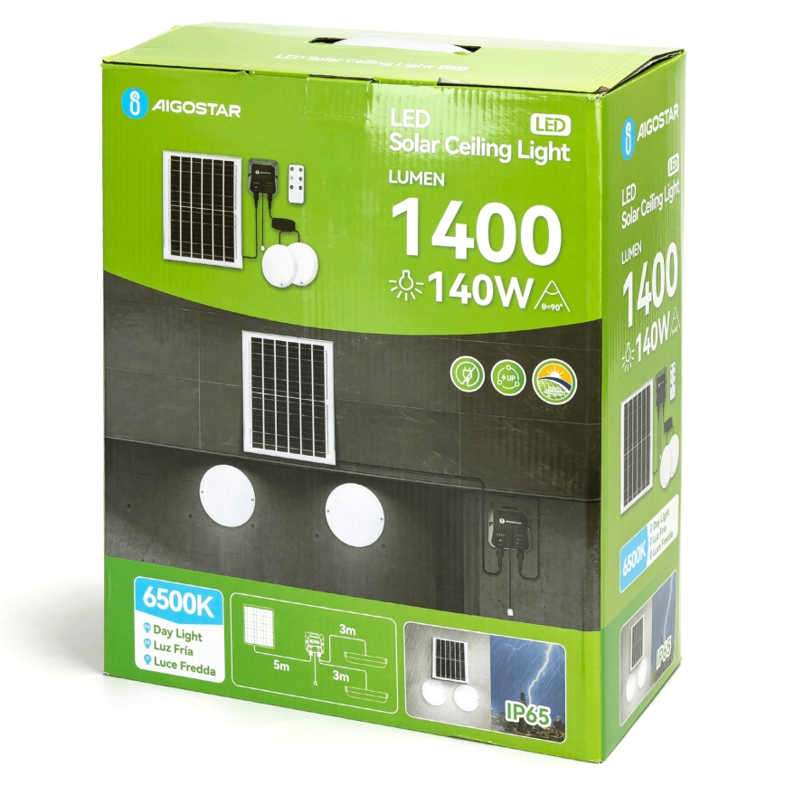 Aigostar - Світлодіодний світильник на сонячній батареї 2xLED/70W/12V 12000 mAh 6500K діаметр 20,5 см + пульт дистанційного керування