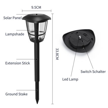Aigostar - Світлодіодний світильник на сонячній батареї LED/0,06W/2V 100 mAh 33,8 см 6500K IP44 чорний