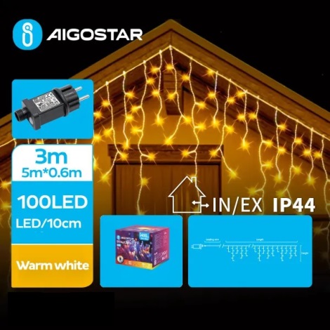 Aigostar - Світлодіодна вулична різдвяна гірлянда 100xLED/8 функцій 8x0,6м IP44 теплий білий