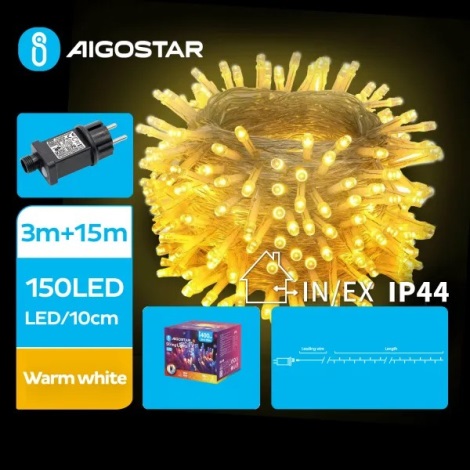 Aigostar - Світлодіодна вулична різдвяна гірлянда 150xLED/8 функцій 18 м IP44 теплий білий