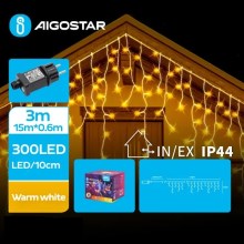 Aigostar - Світлодіодна вулична різдвяна гірлянда 300xLED/8 функцій 18x0,6м IP44 теплий білий