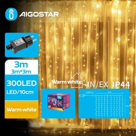 Aigostar - Світлодіодна вулична різдвяна гірлянда 300xLED/8 функцій 6x3м IP44 теплий білий