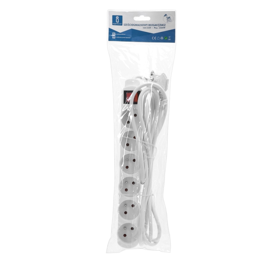 Aigostar - Удлинитель с выключателем 6 розеток 3 м белый
