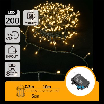 Aigostar - уличная LED-гирлянда 200xLED/8 режимов, питание 3xAA, длина 10,3 м, IP44, тёплый белый