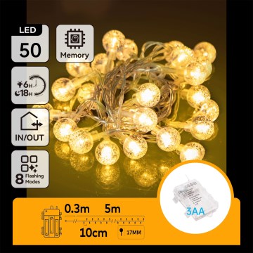 Aigostar - уличная LED-гирлянда 50xLED/3xAA/8 режимов 5,3 м IP44 тёплый белый