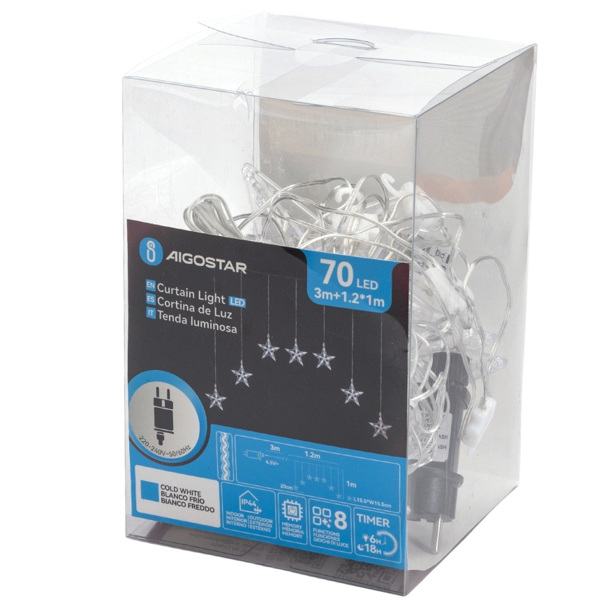 Aigostar - светодиодная уличная гирлянда, 70 светодиодов, 1,2×1 м, IP44, холодный белый, со звёздами