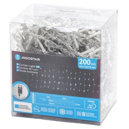 Aigostar - LED уличная гирлянда 200 светодиодов/3,6 Вт/230 В/8 функций 10×0,4 м IP44 холодный белый
