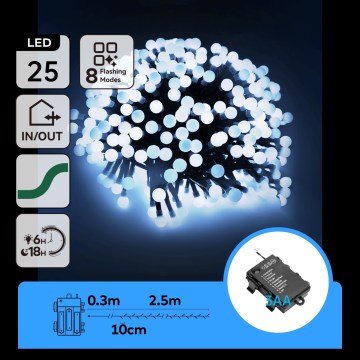 Aigostar - уличная рождественская LED-гирлянда, 25 светодиодов / 8 режимов, питание от 3×AA, длина 2,8 м, IP44, холодный белый
