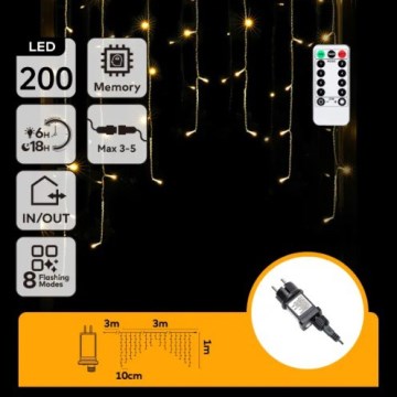 Aigostar - уличная светодиодная рождественская гирлянда 200 LED/6 Вт/230 В/8 режимов 3×1 м IP44 тёплый белый + пульт дистанционного управления