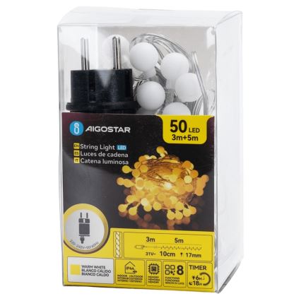 Aigostar - уличная декоративная LED-гирлянда, 50 светодиодов / 8 режимов, 5 m, IP44, тёплый белый