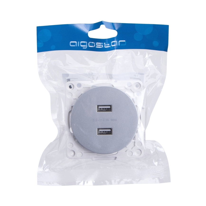Aigostar - USB-розетка питания без рамки, 2× USB-A, серебристая