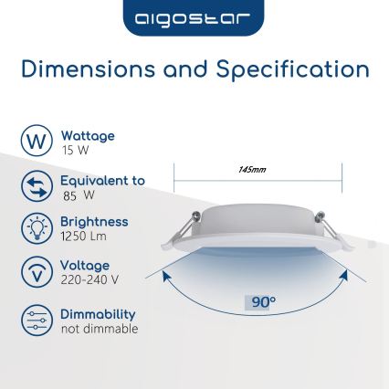Aigostar - вбудований точковий світильник для ванної кімнати LED/15W/230V 4000K IP44 діам. 14,5 см білий