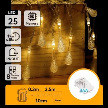 Aigostar - вулична LED-гірлянда, 25 світлодіодів, 8 режимів, живлення 3×AA, 2,5 м, IP44, тепле біле світло, у вигляді крапель