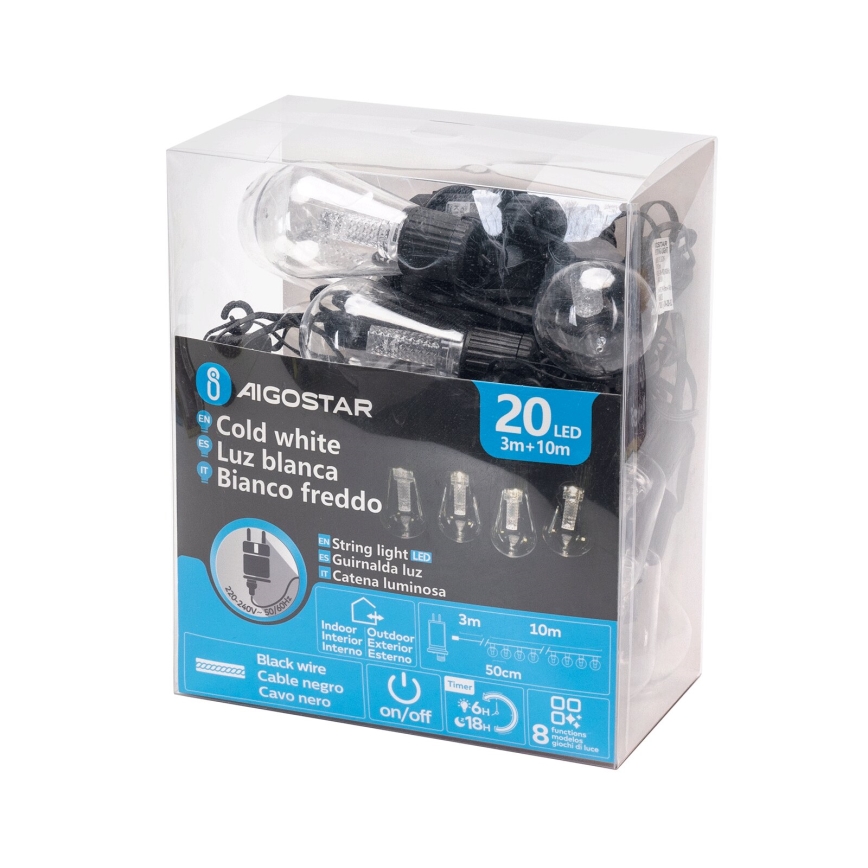 Aigostar - Вулична декоративна LED гірлянда 20xLED/13м IP44 холодний білий