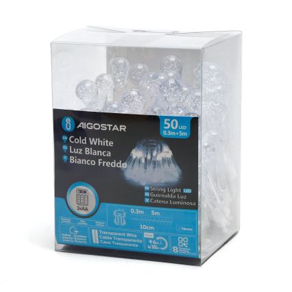 Aigostar - Вулична декоративна LED гірлянда 50xLED/8 функцій/3xAA 5,3м IP44 холодний білий