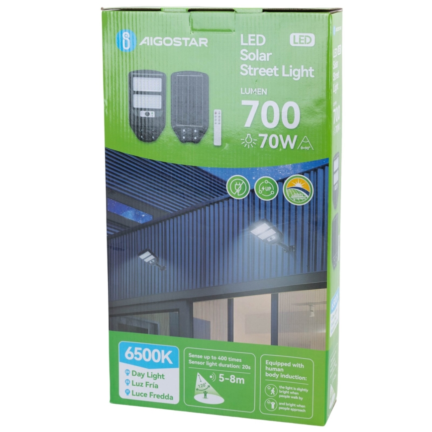 Aigostar - Вулична LED лампа на сонячній батареї з датчиком LED/70W/3,2V 4000mAh IP65 6500K + пульт дистанційного керування