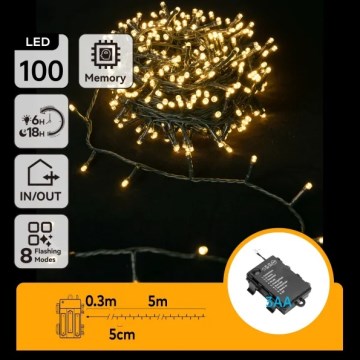 Aigostar - Зовнішня LED-гірлянда, 100 LED, 8 режимів, живлення 3×AA, 5,3 м, IP44, тепле біле світло