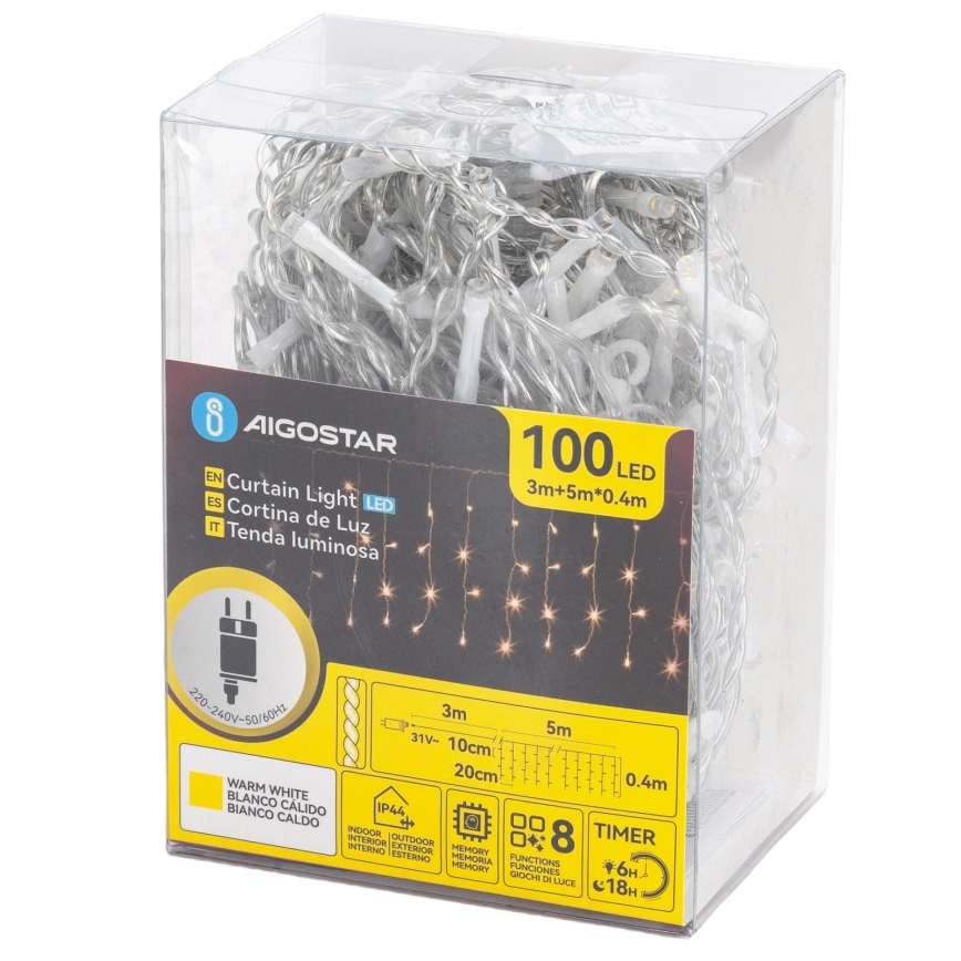 Aigostar - зовнішня LED-гірлянда 100xLED/8 функцій 5x0,4m IP44 тепле біле