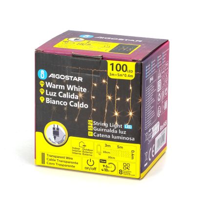 Aigostar - зовнішня LED різдвяна гірлянда 100xLED/8 функцій 8x0,4m IP44 тепле біле