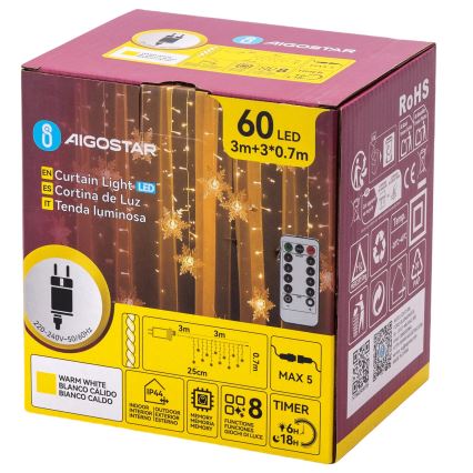 Aigostar - LED-зовнішня різдвяна гірлянда, 120 світлодіодів / 8 режимів, 3×0,7 м, IP44, тепле біле світло, з пультом дистанційного керування