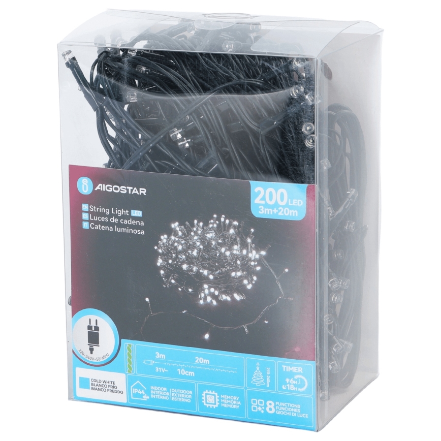 Aigostar - LED вулична різдвяна гірлянда, 200 світлодіодів, 8 режимів, 20 м, IP44, холодний білий