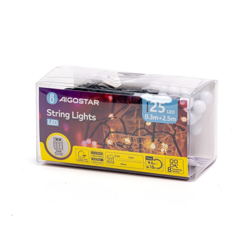 Aigostar - зовнішня різдвяна LED-гірлянда 25xLED/8 режимів 3xAA 2,8m IP44 тепле біле