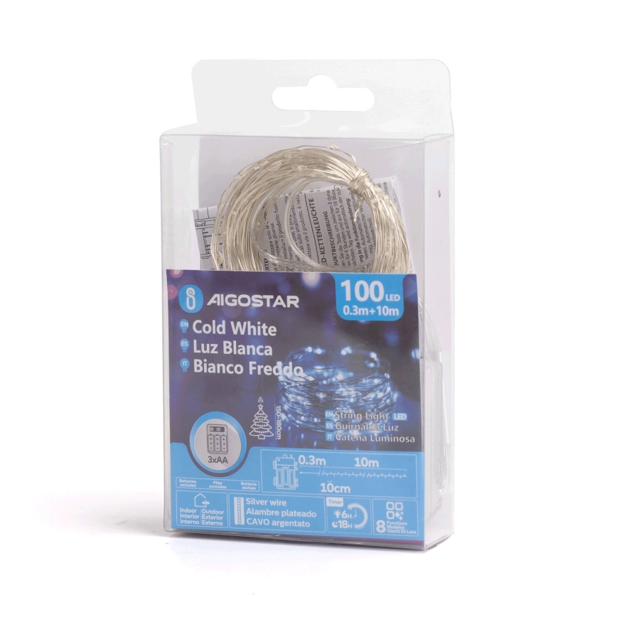 Aigostar - LED зовнішня гірлянда 100xLED/8 режимів/3xAA 10,3m IP44 холодне біле світло