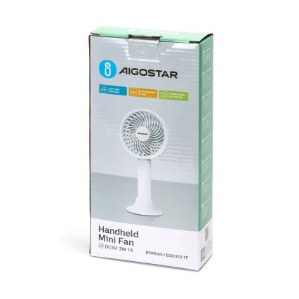Aigostar - Кишеньковий акумуляторний вентилятор 3W/5V 1500mAh USB білий