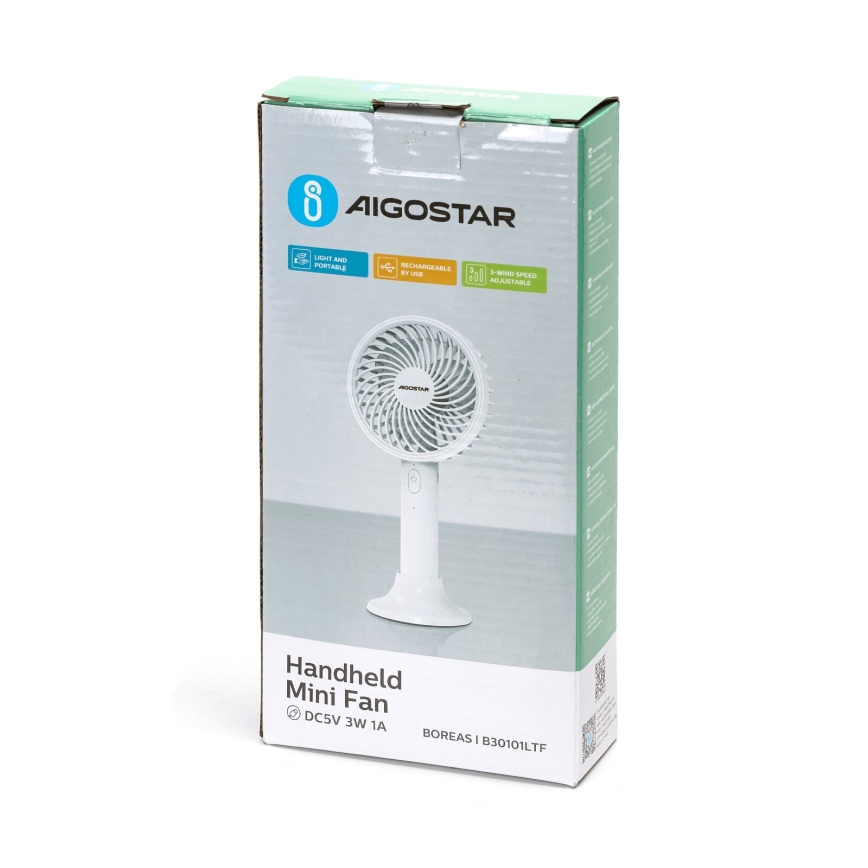 Aigostar - Кишеньковий акумуляторний вентилятор 3W/5V 1500mAh USB білий