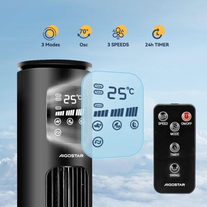 Aigostar - Колонний вентилятор 50W/230V чорний Wi-Fi + пульт дистанційного керування
