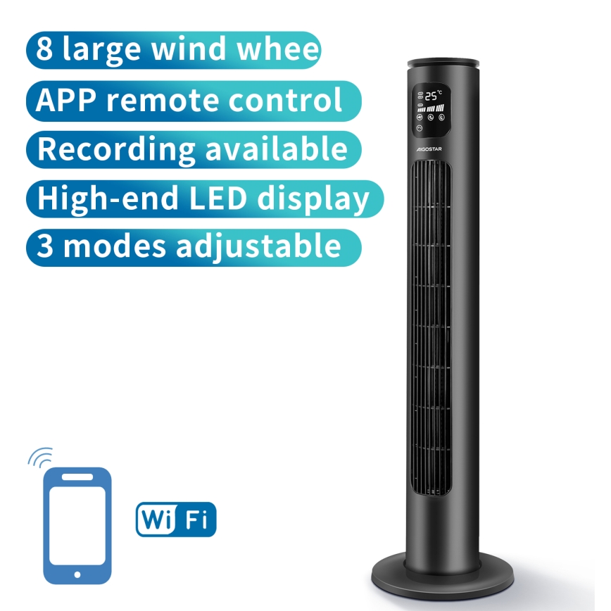Aigostar - Колонний вентилятор 50W/230V чорний Wi-Fi + пульт дистанційного керування