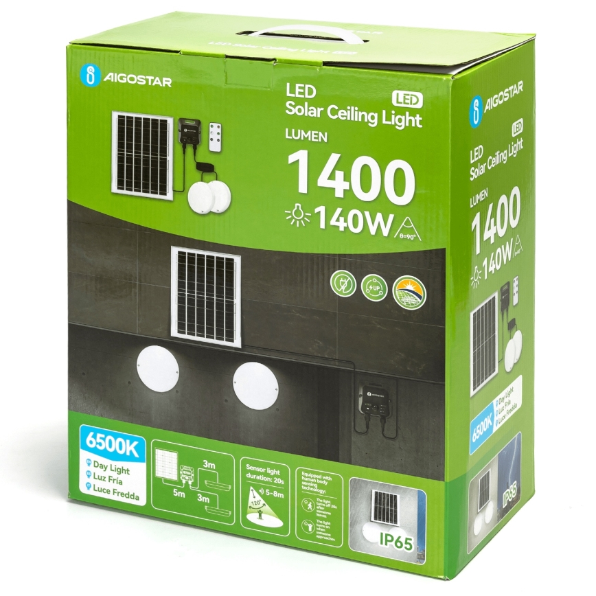 Aigostar - LED солнечный потолочный светильник с датчиком 2xLED/70W/3,7V 12000 mAh IP65 + пульт дистанционного управления