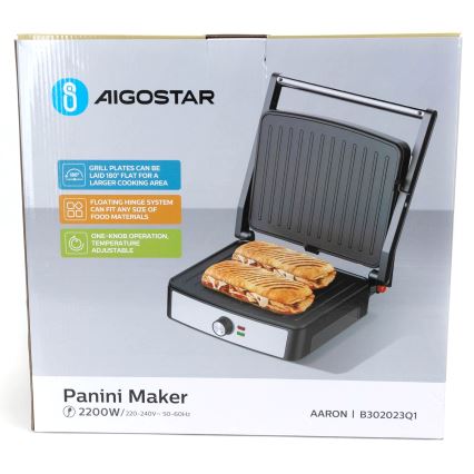 Aigostar - Контактный гриль 2200 Вт/230 В, черный/нержавеющая сталь