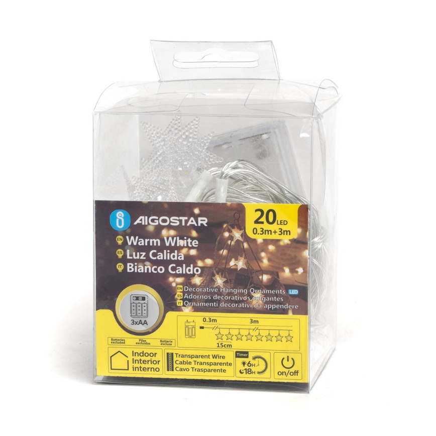 Aigostar — LED-гірлянда, 20 LED, живлення від 3×AA, довжина 3,3 м, декоративні зірки
