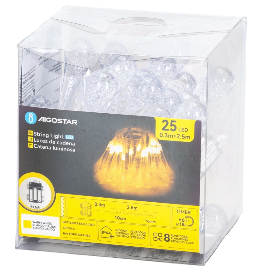 Aigostar - LED уличная новогодняя гирлянда, 25 светодиодов / 8 режимов, питание 3x AA, 2,5 м, IP44, тёплый белый, в форме капель