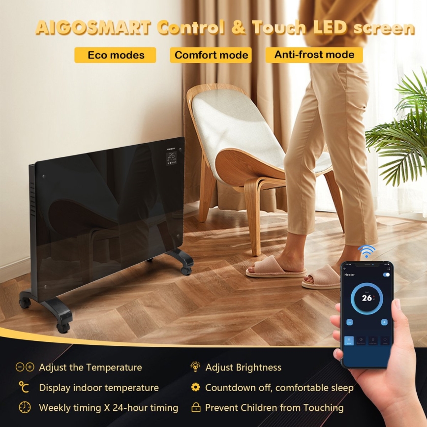 Aigostar - Розумний електричний обігрівач/конвектор з LCD-дисплеєм ECO/1000/2000W Wi-Fi