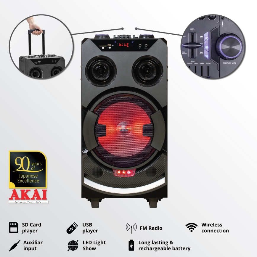 AKAI ABTS-112 - Беспроводная акустическая система 300 Вт/230 В, 7000 мА·ч + пульт дистанционного управления