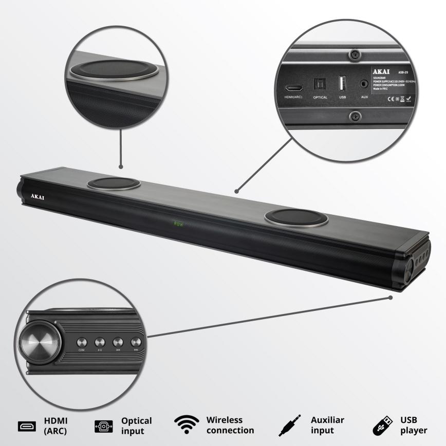 AKAI ASB-29 - саундбар з активним сабвуфером 120W/230V + пультом дистанційного керування
