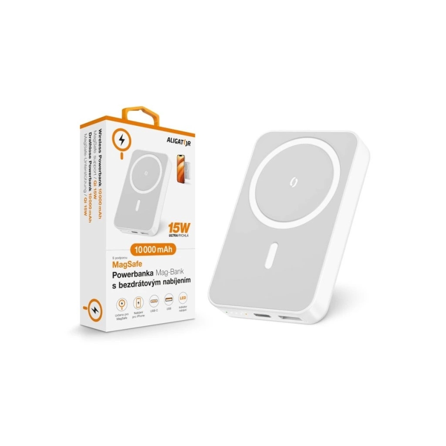 Aligator AMS04WT - Пауербанк з бездротовою зарядкою Qi та MagSafe, 10000 mAh, 15 Вт Power Delivery, чорний