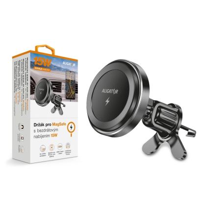 Aligator AMS05BK - магнітний автомобільний тримач для телефону з бездротовою зарядкою Qi 15 Вт і підтримкою MagSafe, чорний