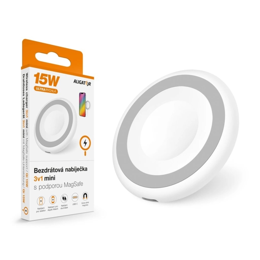 Aligator AMS08WT - Беспроводное зарядное устройство MagSafe 3 в 1, 15 Вт, белое