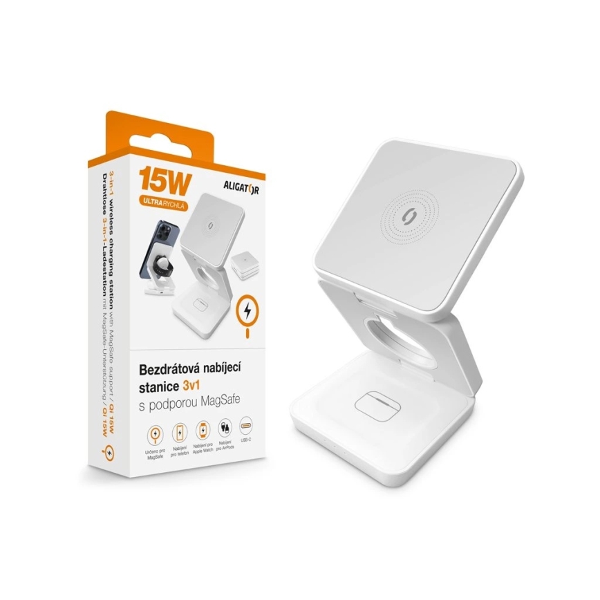 Aligator AMS09WT - Беспроводная зарядная станция MagSafe 3-в-1 15 Вт белая