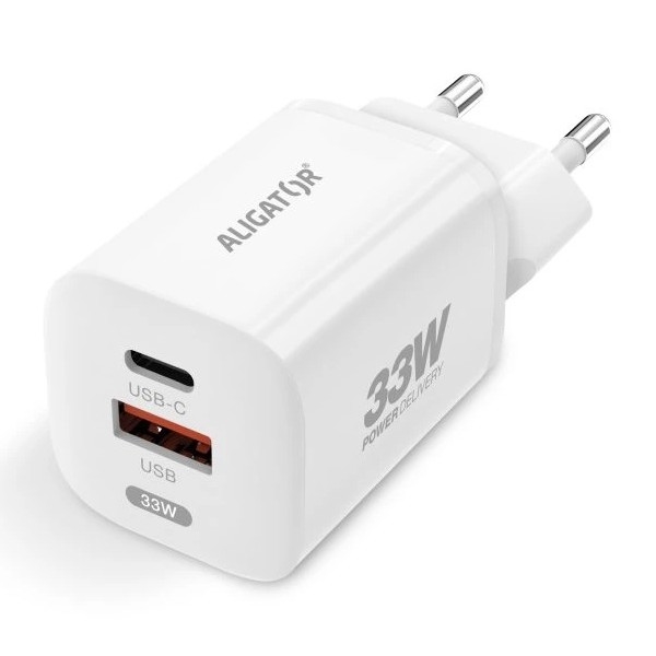 Aligator CHPD0020 - Адаптер быстрой зарядки GaN с поддержкой USB Power Delivery (PD), 33 Вт, USB-A + USB-C, белый