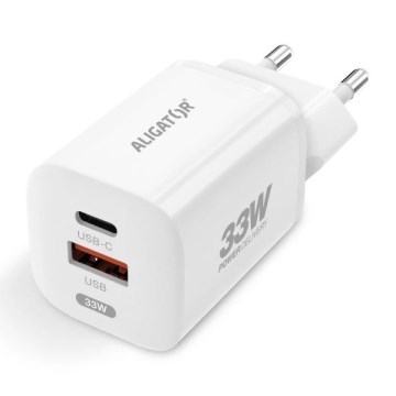 Aligator CHPD0020 - Адаптер швидкої зарядки з технологією GaN і Power Delivery, 33 Вт, USB-A + USB-C, білий