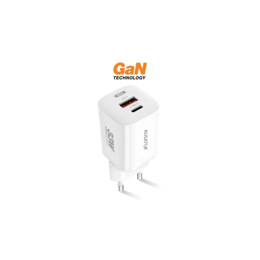 Aligator CHPD0020 - Адаптер швидкої зарядки з технологією GaN і Power Delivery, 33 Вт, USB-A + USB-C, білий