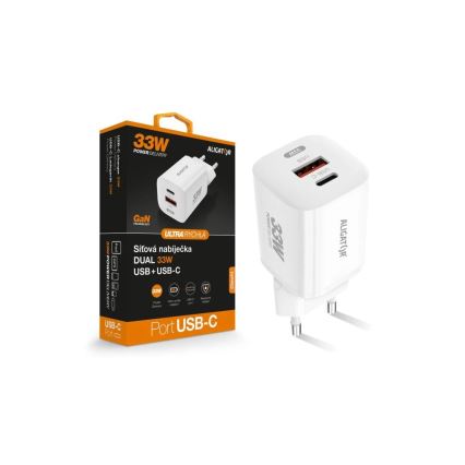 Aligator CHPD0020 - Адаптер швидкої зарядки з технологією GaN і Power Delivery, 33 Вт, USB-A + USB-C, білий