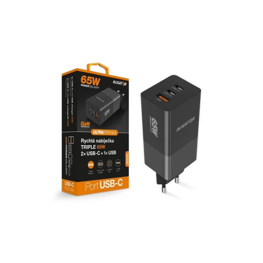 Aligator CHPD0027 - адаптер быстрой зарядки GaN с поддержкой Power Delivery 65 Вт, 2× USB-C + USB-A, чёрный