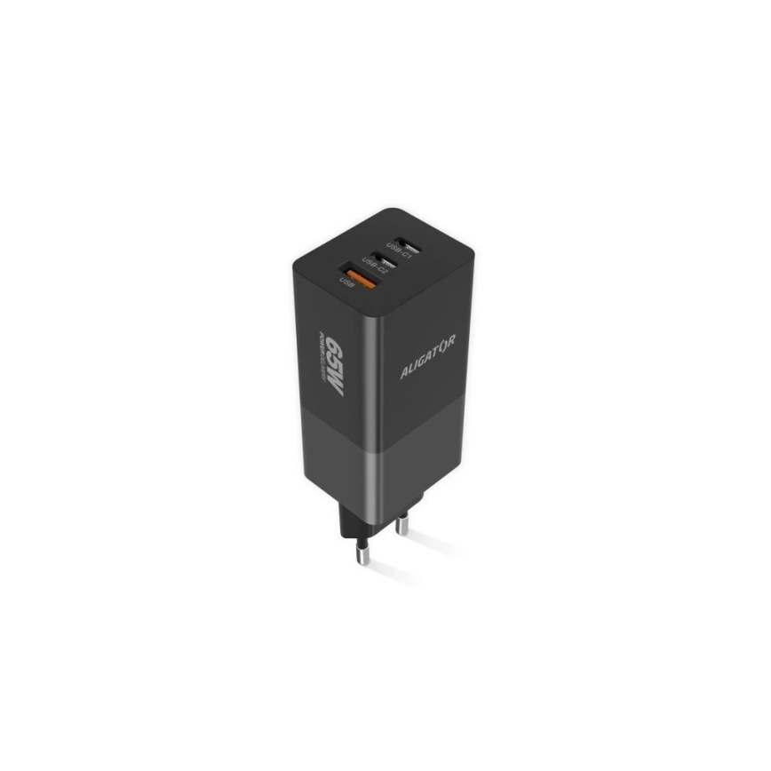 Aligator CHPD0027 - адаптер быстрой зарядки GaN с поддержкой Power Delivery 65 Вт, 2× USB-C + USB-A, чёрный